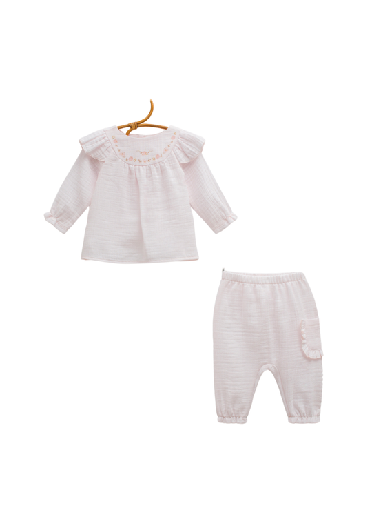 Set 2 Piese Muselina Roz Bluza Maneca Lunga si Pantaloni Lungi TKK2396 Mell Sweet Baby