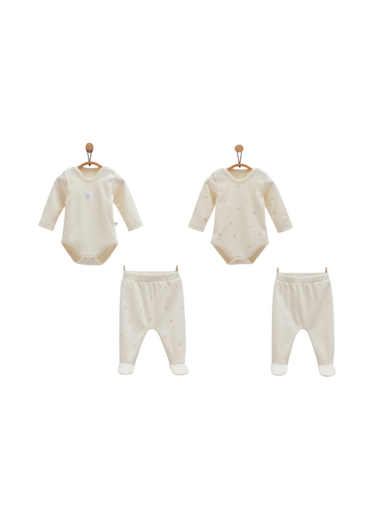 Set Cadou 4 Piese Nou Nascut 2 Body cu Maneca Lunga si 2 Pantaloni Lungi Bej cu Urs BPE1467 Mell Sweet Baby
