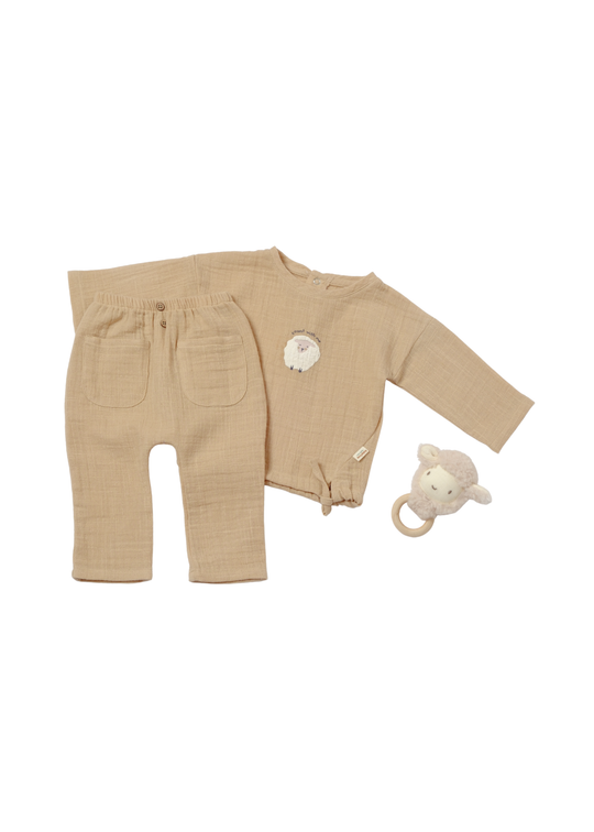 Set 2 Piese Muselina Bluza si Pantaloni Lungi Bej cu Oita CSYM7026 Baby Cosy