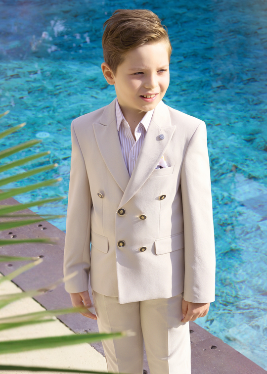 Costum 3 Piese Sacou si Pantaloni Bej Camasa Alba cu Dungi Bej 20203 Little Gentleman