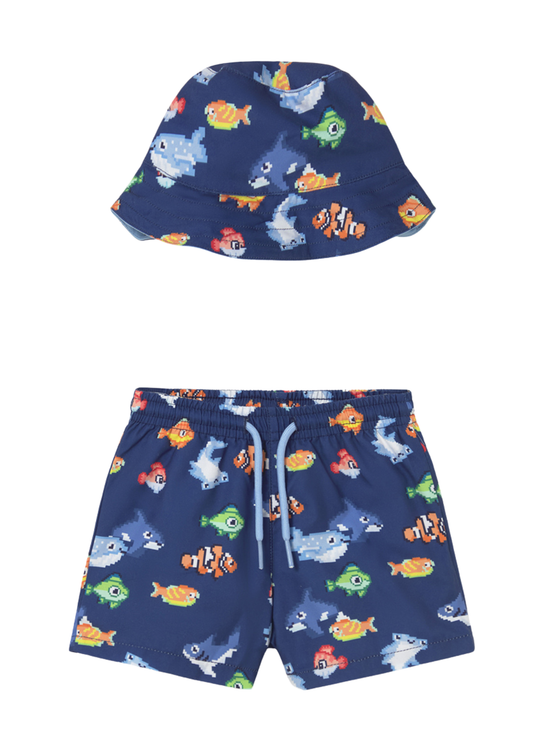 Set 2 Piese Bermude de Baie si Palarie Bleumarin cu Imprimeu 1660 Mayoral