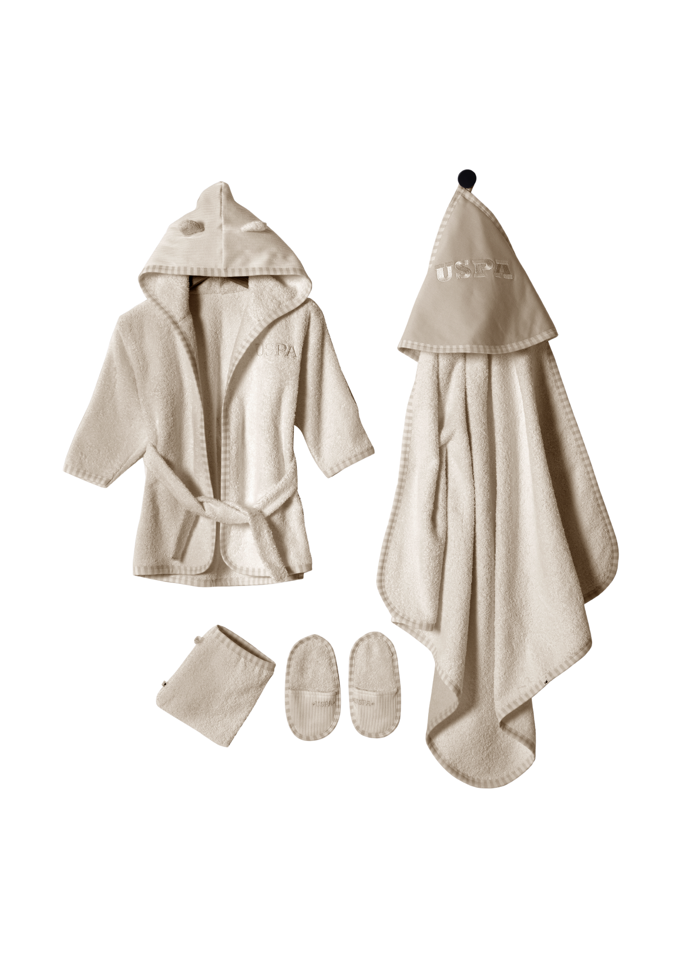 Set 4 Piese Halat si Prosop de Baie Crem cu Bleumarin USB2476 Us Polo Assn