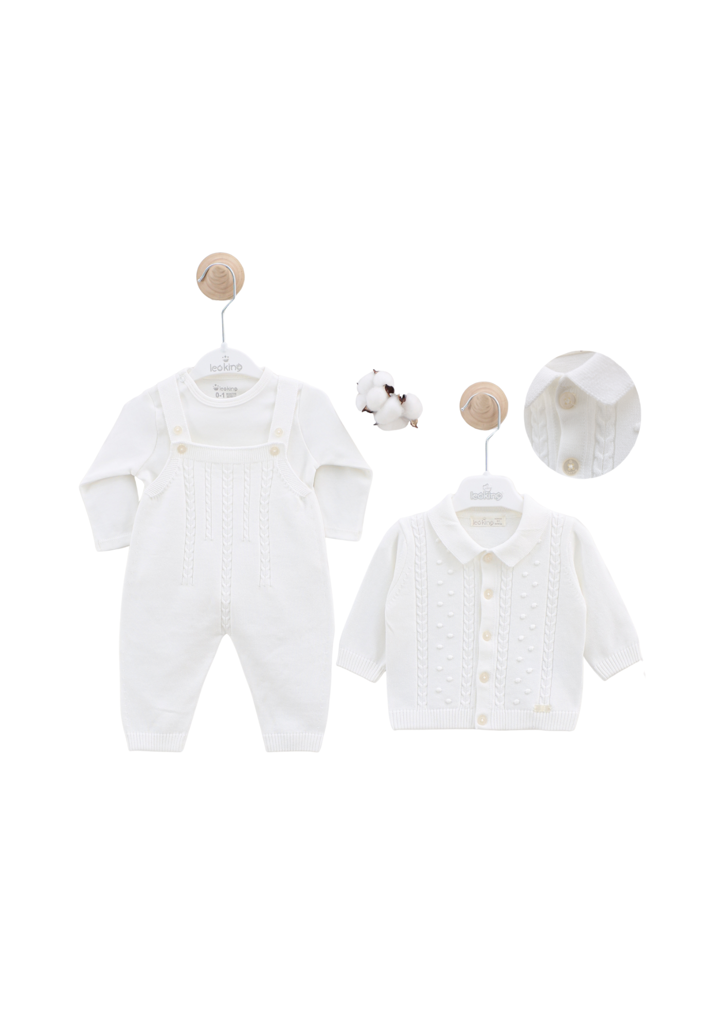 Set 3 Piese Salopeta Lunga Tricotata si Cardigan Alb si Body 7442 Leo King