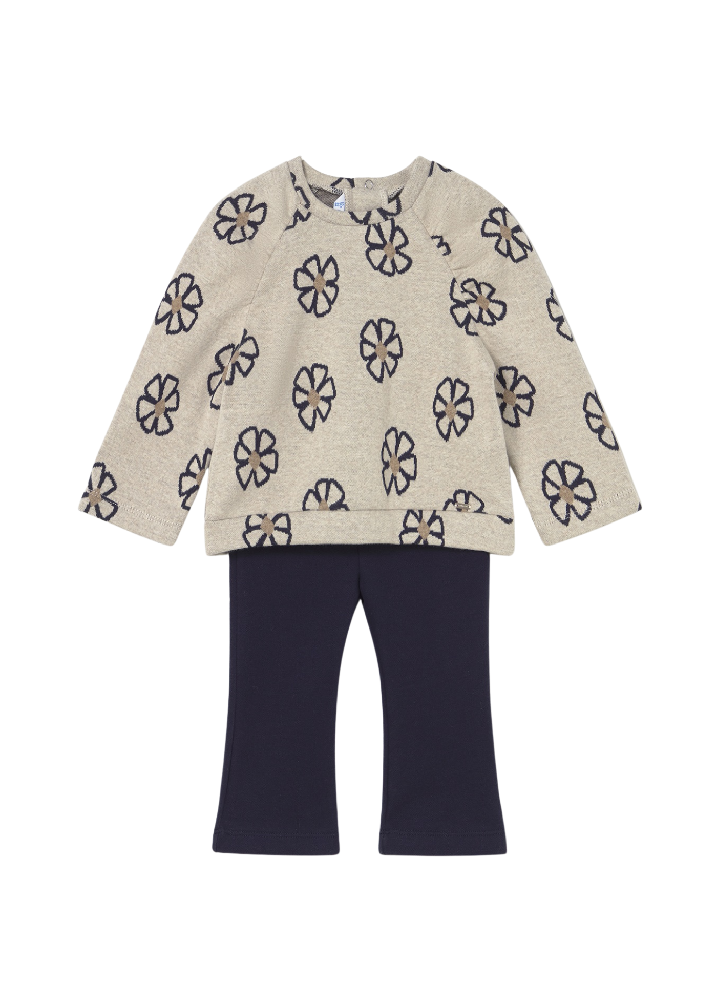 Set 2 Piese Bluza Bej cu Flori si Colanti Bleumarin Evazati 2742 Mayoral