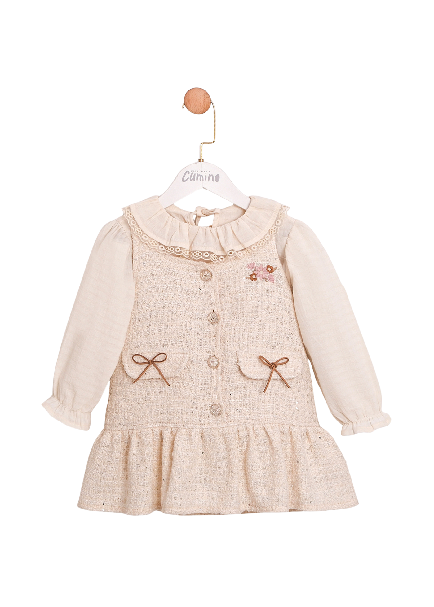 Set 2 Piese Sarafan Stofa Crem cu Paiete si Camasa 3731 Mino Baby