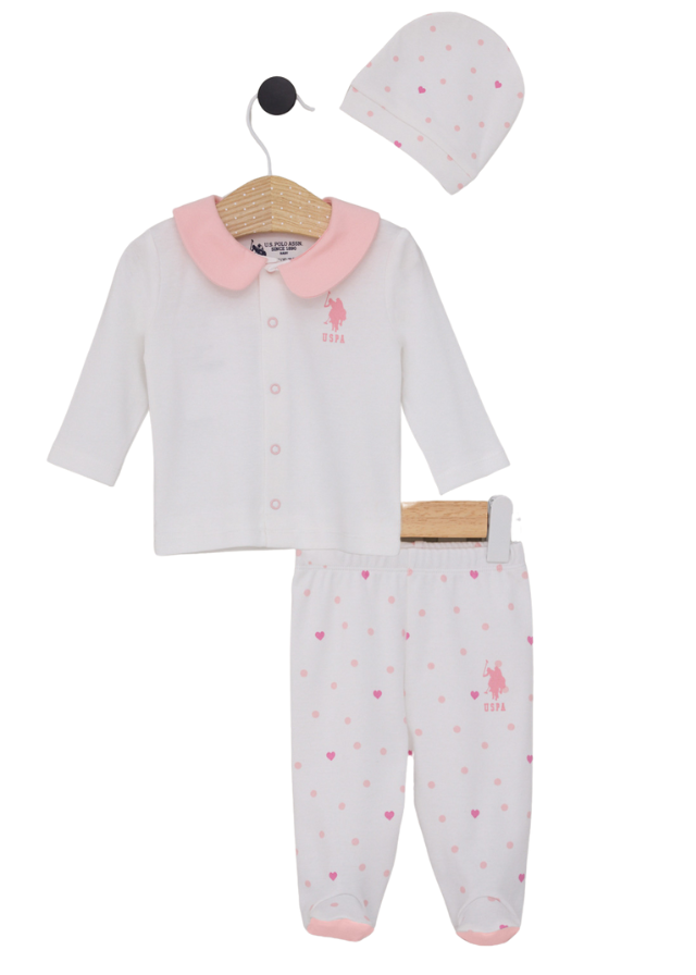 Set 3 Piese Crem cu Inimi Roz Bluza cu Guler Pantaloni si Fes USB2103 V1 Us Polo Assn