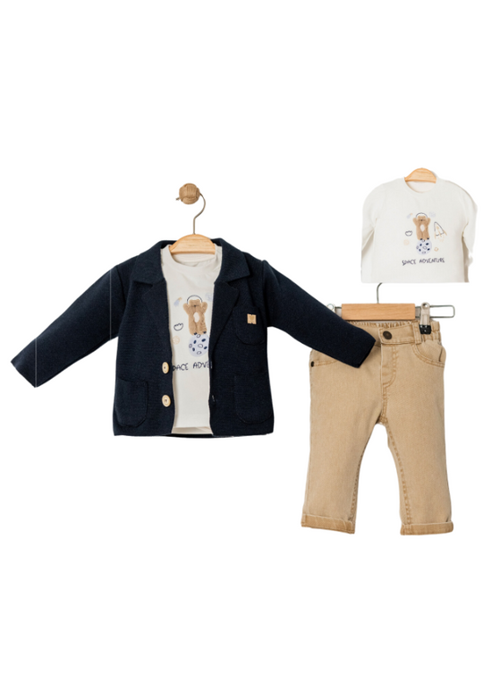 3 Piece Set Navy Blue Knitted Cardigan with Lapel Cream Blouse with Bear and Beige Pants 15041 Bebus