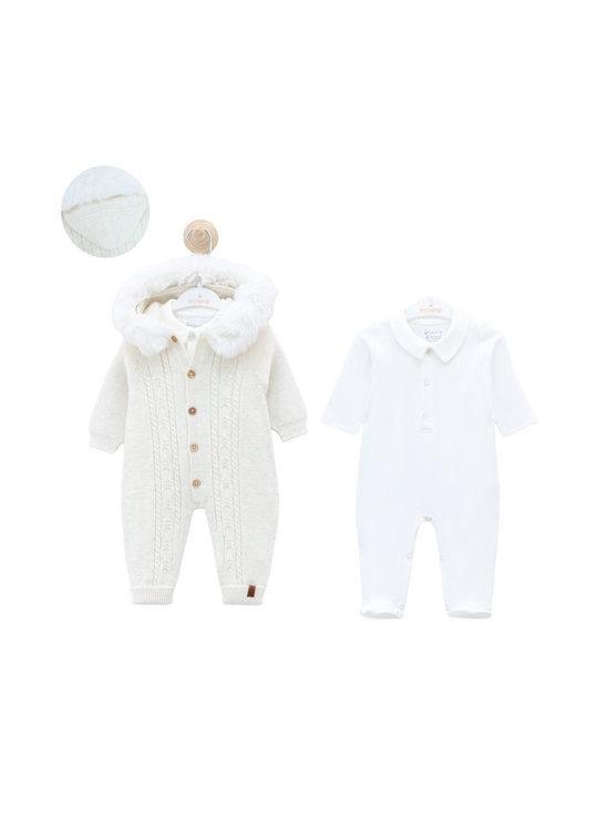 Set 2 Piese Combinezon Bej cu Lana Merinos cu Blana la Gluga si Salopeta Lunga Bumbac 9334 Leo King