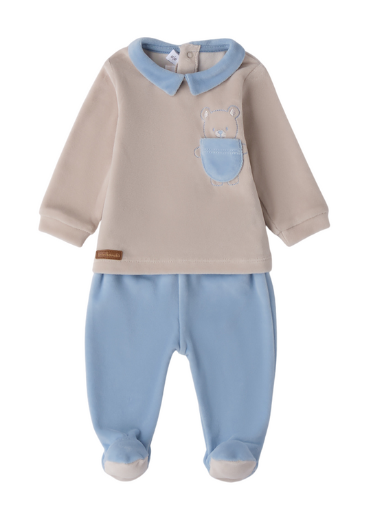 Set 2 Piese Velur Bluza Bej cu Urs si Pantaloni Lungi Bleu 3.F641/00 Minibanda