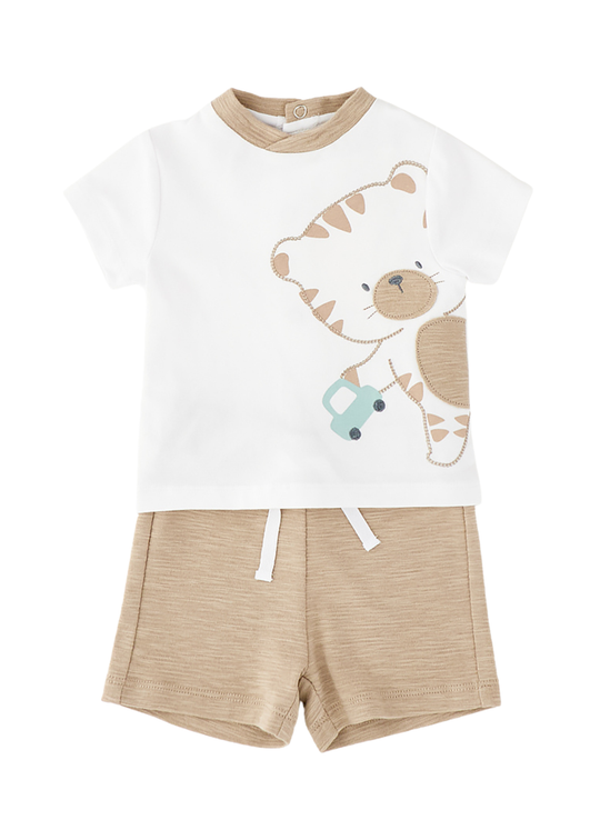 Set 2 Piese Tricou cu Tigru si Pantaloni Scurti Bej 4.G058/00 iDO