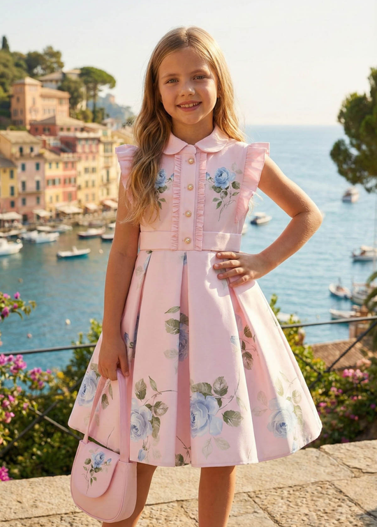 Rochie Roz cu Guler si Imprimeu Flori Bleu 36343PR Pamina