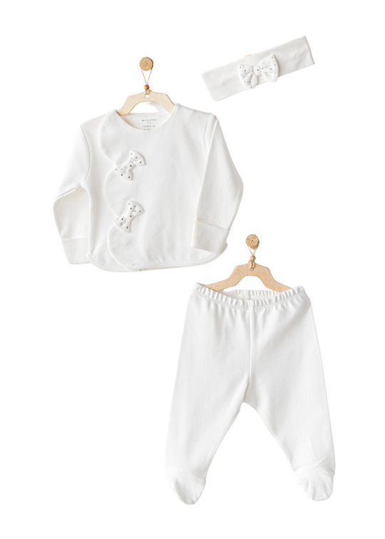 3 Piece Set Cream Blouse with Rhinestone Bow Accessories Long Pants and Headband AC25824 Andywawa