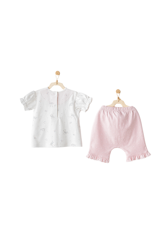 Set 2 Piese Tricou Alb cu Ursuleti si Pantaloni Scurti Roz cu Picouri Albe Ac25631 Andywawa