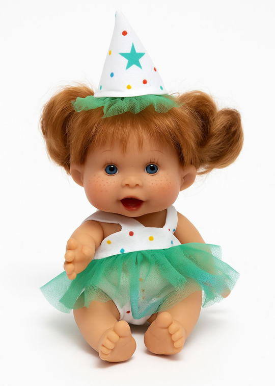 Papusa Parfumata Roscata Happy Birthday cu Rochita in Bretele Tull Verde si Turqoise - 21 cm - 0497 - Nines