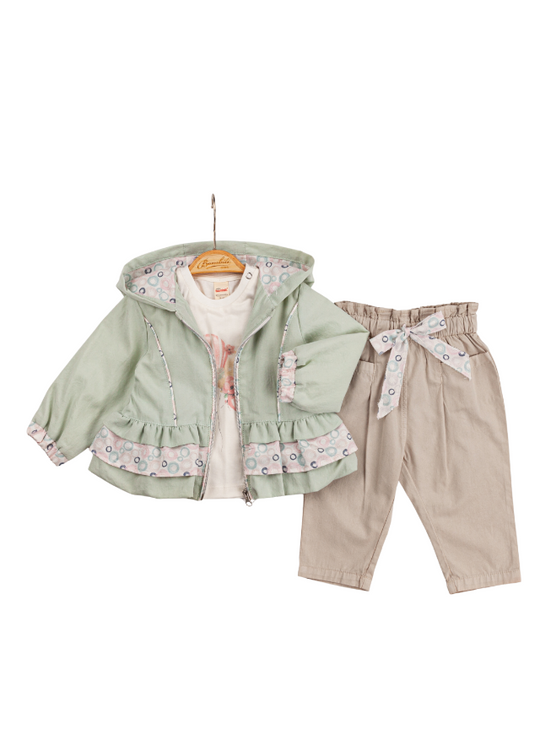 3 Piece Set, Mint Green Jacket with Hood and Zipper, Long Pants and White T-Shirt 6572 Bili Baby