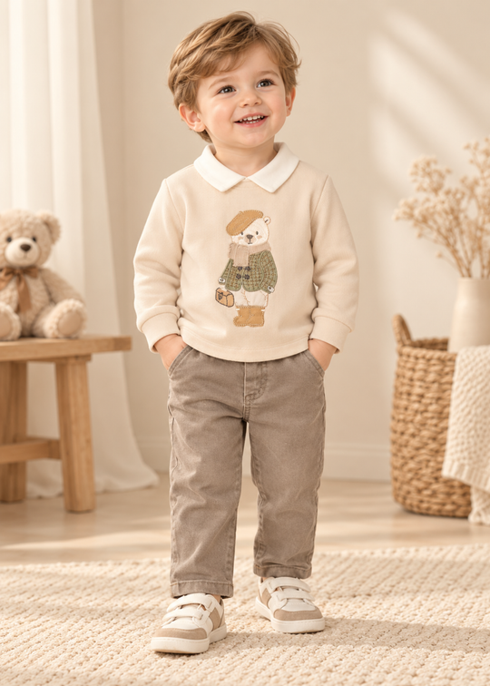 Set 2 Piese Bluza Bej cu Urs si Pantaloni Maro pentru Baieti 4646 – MyMio