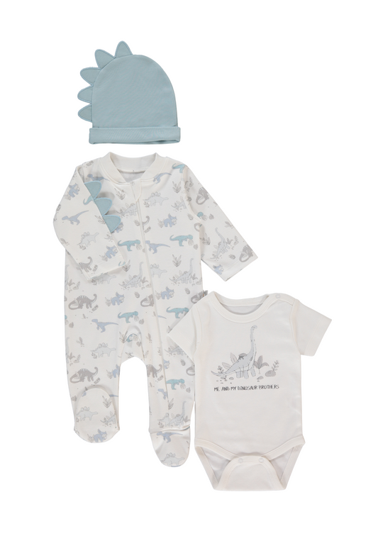 Set 3 Piese Crem cu Dinozauri Salopeta Lunga Body cu Maneca Scurta si Fes Z1042 Bebetto