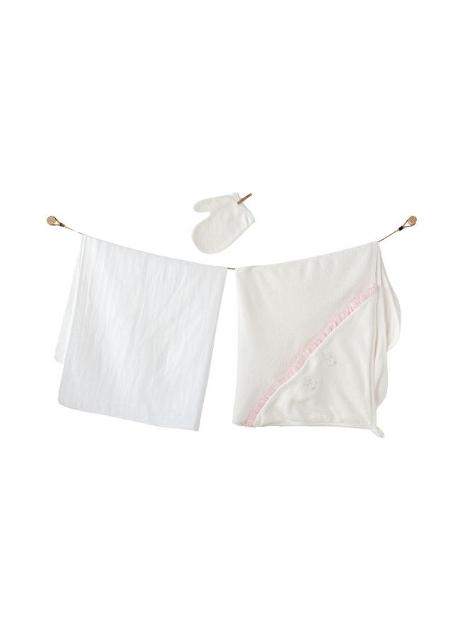 Set Baie 3 Piese Prosop Crem cu Roz Scutec de Muselina si Manusa de Baie AC25365 Andywawa