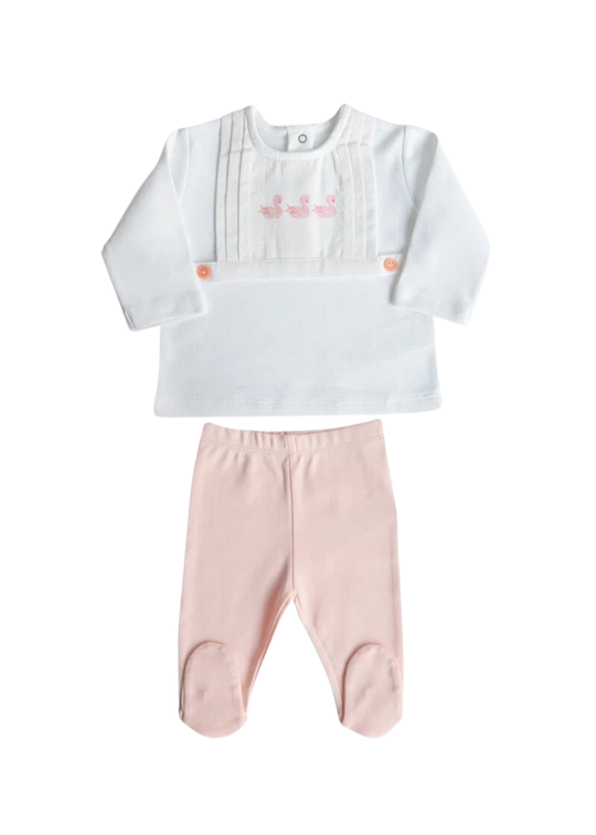 Set 2 Piese Bluza Alba cu Lebede si Pantaloni Roz S60499 Kitikate