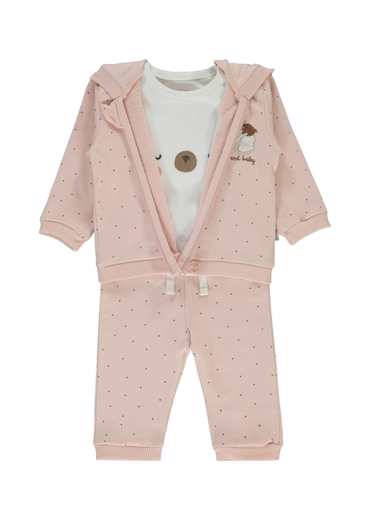 Trening 3 Piese Hanorac si Pantaloni Lungi Roz Pudra cu Picouri si Bluza Crem K4915 Bebetto