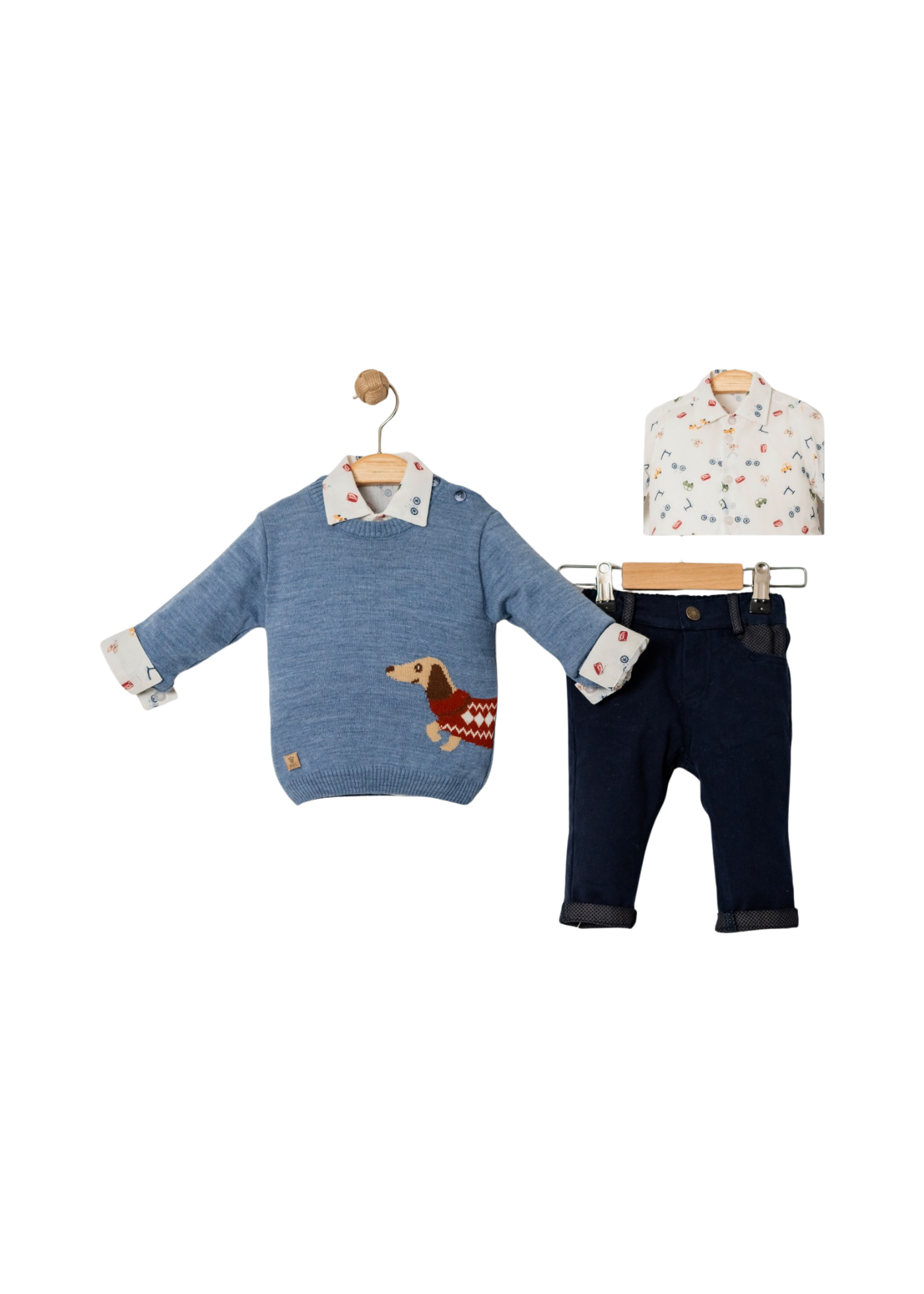 Set 3 Piese Pulover Bleu cu Catel Camasa Alba Imprimeu Masini si Pantaloni Lungi Bleumarin 15022 Bebus