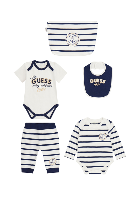 Set Bebelusi 5 Piese Alb cu Dungi Bleumarin H6RW06 K85Z1 S93C Guess