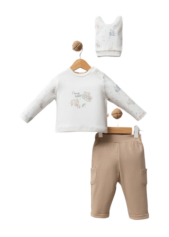 Set 2 Piese Bluza si Pantaloni Bumbac Organic Crem cu Bej Tropical Island 2904 Bubbles