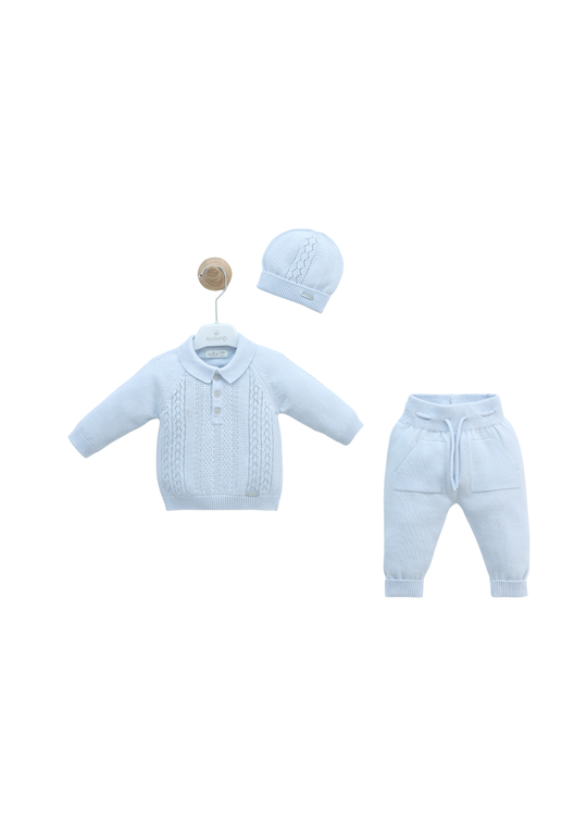Set 3 Piese Tricotat Bleu Bluza, Pantaloni si Fes 8550 Leo King