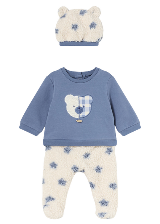 Set of 3 Pants and Fes Cream Fur with Blue Stars and Blue Blouse 2514 col 10 Mayoral