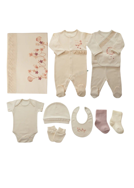 Set 10 Piese Maternitate Bumbac Organic Bej cu Flori Roz S13996 Kitikate