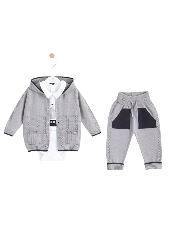 3 Piece Set Gray Knitted Hoodie and Pants and White Body with Vapor 8519 Leo King