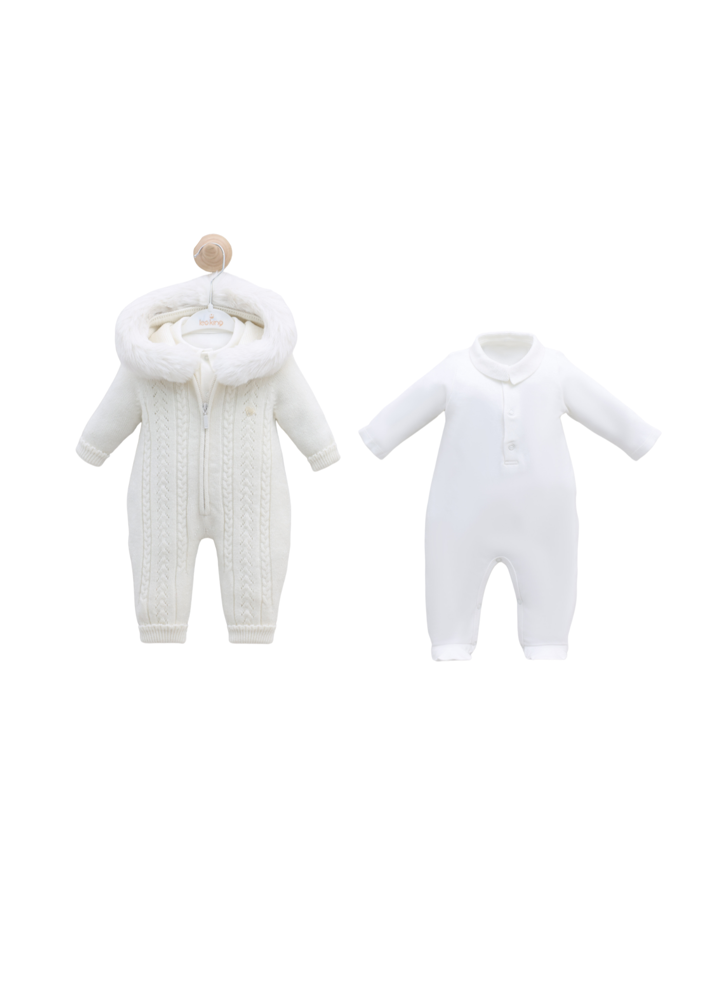 Set Salopeta Lunga Alba cu Lana Merinos cu Gluga si Blana si Salopeta Lunga Bumbac 9341 Leo King