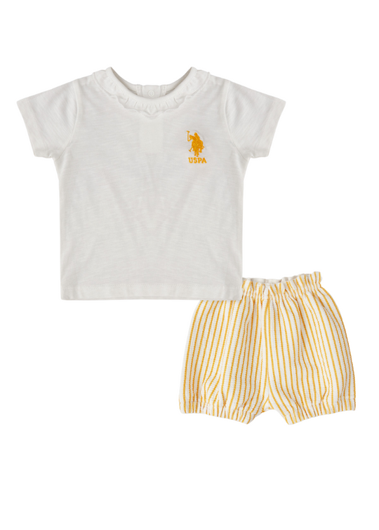 Set 2 Piese, Tricou Ivory si Pantaloni Scurti cu Dungi Galbene 1980 V1 Us Polo Assn