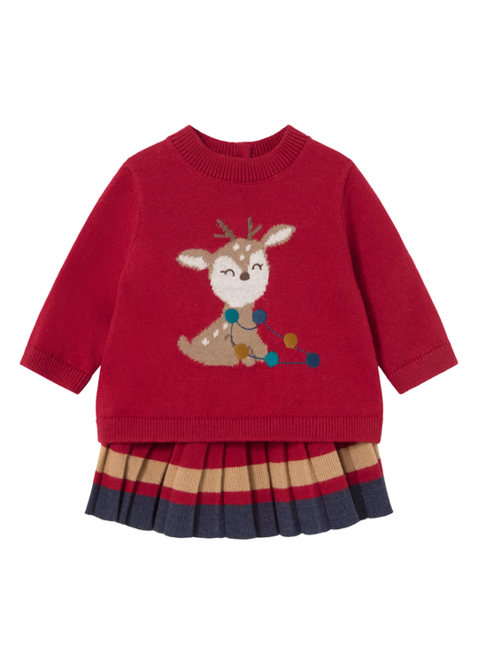 Set Fusta si Pulover Tricotat Rosu cu Caprioara pentru Nou-Nascute 2829 – Mayoral