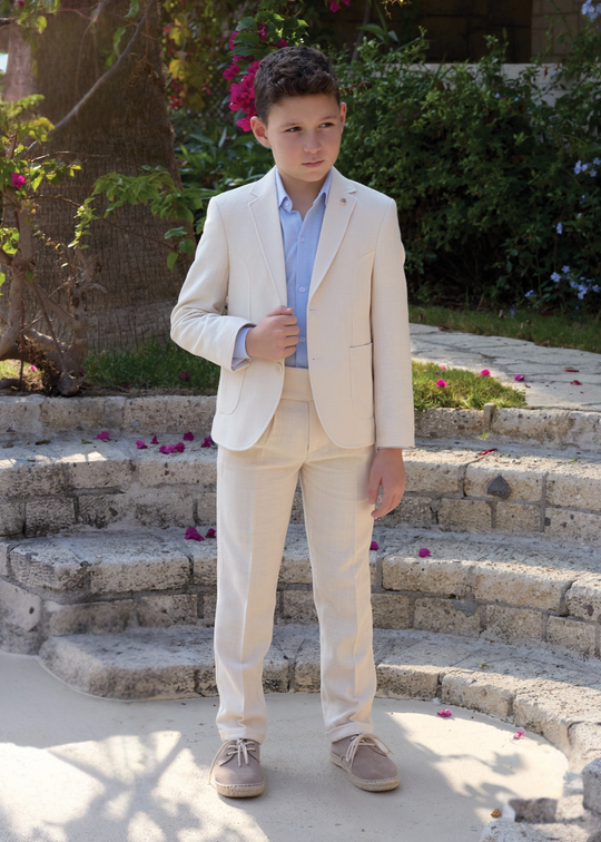 Costum 3 Piese Sacou si Pantaloni Ivory si Camasa Bleu 20210 Little Gentleman