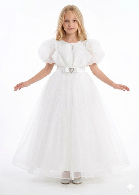 Ivory ceremony dress with organza bust, short puffed sleeves, and long tulle skirt art 3364 Mon Princess