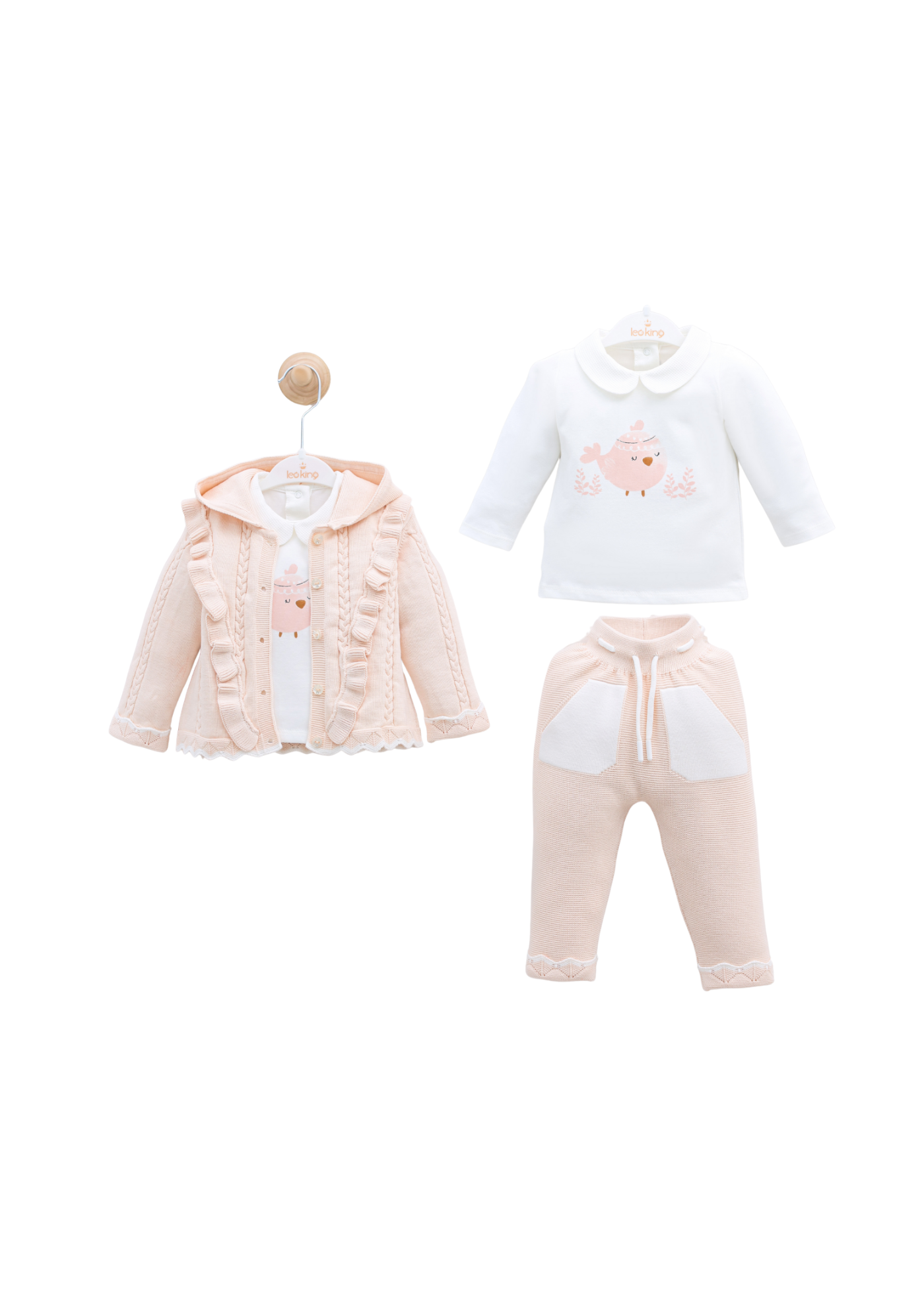 Set 3 Piese Somon Bluza si Pantaloni Tricot si Bluza Bumbac cu Pui 8456 Leo King