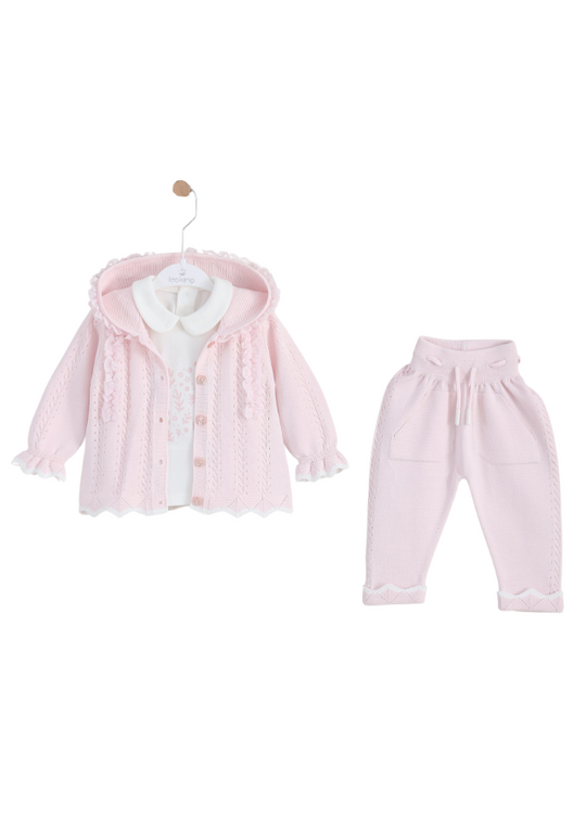 Set of 3 Pink Knitted Hoodie with Lace Pants and Blouse 8525 Leo King