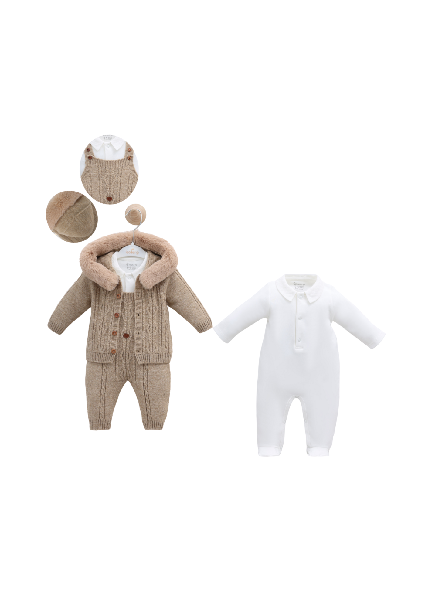 Set 3 Piese Bej Salopeta Lunga si Jacheta cu Lana Merinos cu Blana la Gluga si Salopeta Bumbac 9348 Leo King