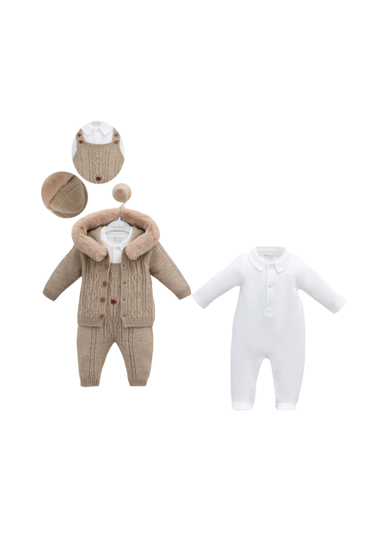 Set 3 Piese Bej Salopeta Lunga si Jacheta cu Lana Merinos cu Blana la Gluga si Salopeta Bumbac 9348 Leo King