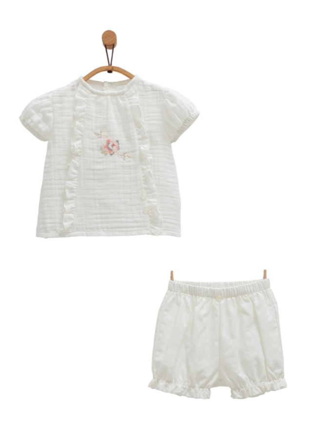 Set 2 Piese Muselina Ecru Bluza cu Maneca Scurta si Pantaloni Scurti Little Girl TKK1662 Mell Sweet Baby
