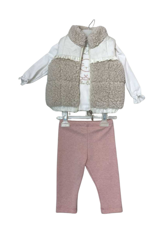 Set 3 Piese Vesta Crem din Plus Bluza Crem cu Urs si Pantaloni Denim Verzi Evazati 16461 Bebus