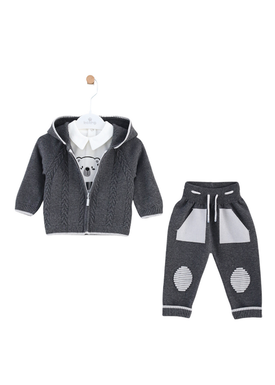 3 Piece Set Gray Knitted Hoodie and Pants White Cotton Blouse with Bear 8511 Leo King