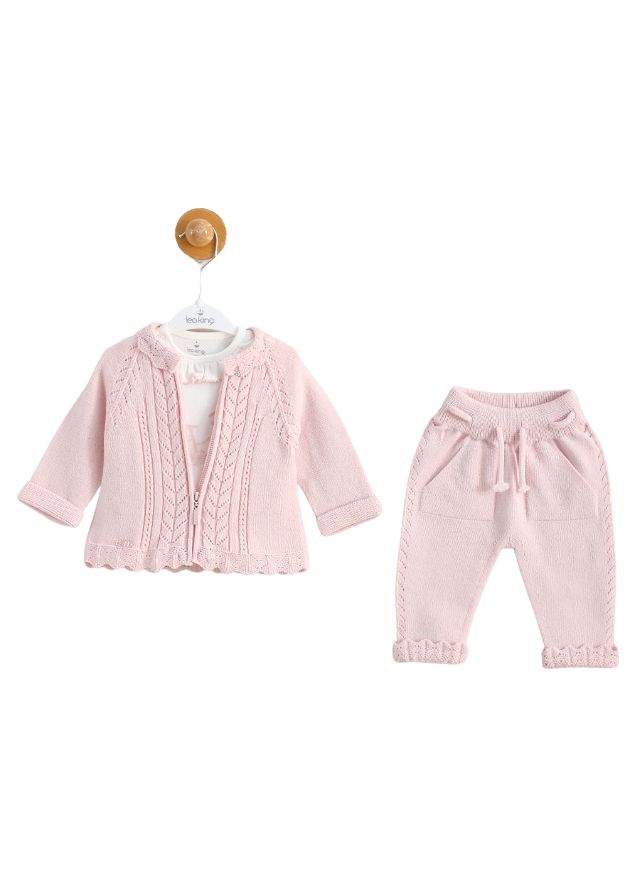 Set 3 Piese Roz Cardigan cu Fermoar si Pantaloni din Lana Merinos si Bluza din Bumbac 9586 Leo King