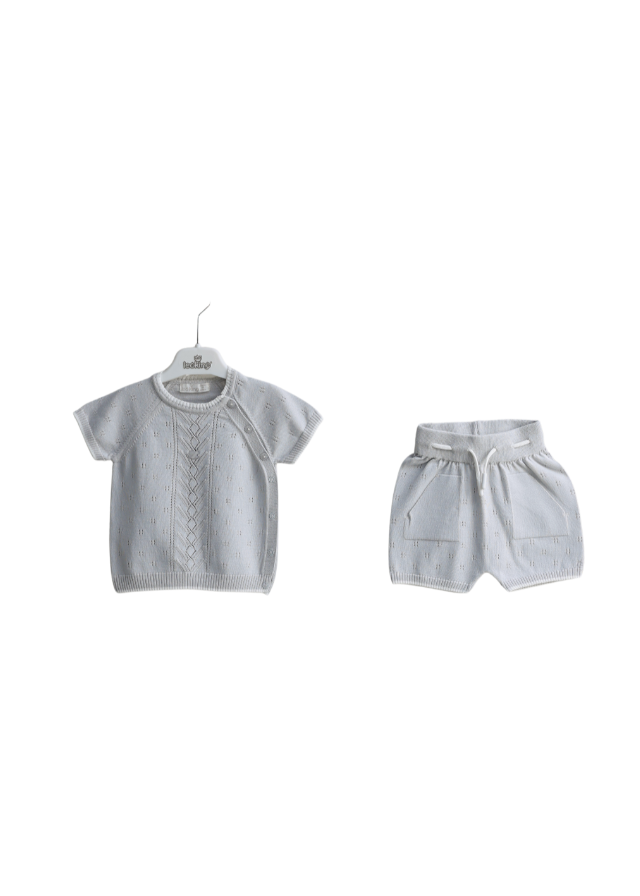 Set 2 Piese Tricotat Gri Bluza cu Maneca Scurta si Pantaloni Scurti cu Siret 8151 Leo King