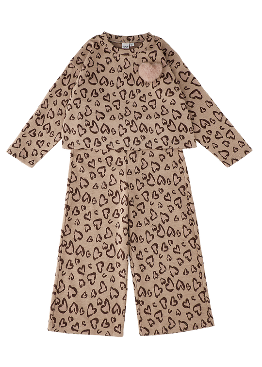 Set 2 Piese Bej cu Inimioare Maro, Bluza si Pantaloni pentru Fete 0941 – iDO