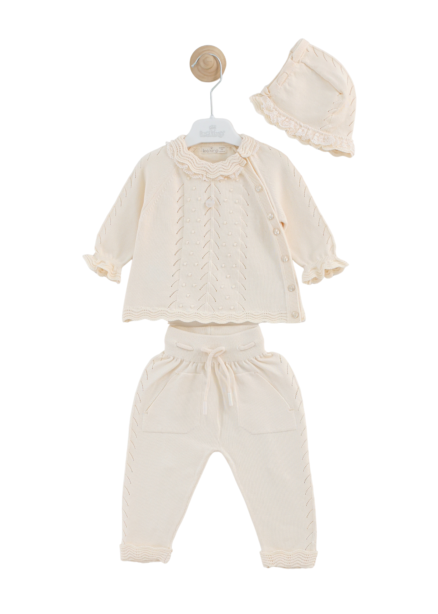 Set 3 Piese Tricotat Bluza ,Pantaloni si Caciula Bej 8538 Leo King