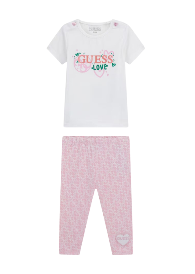 Set 2 Piese Tricou Alb Cu Detaliu Inimioare Si Colanti Roz A5RG06 K6YW4 G011 Guess