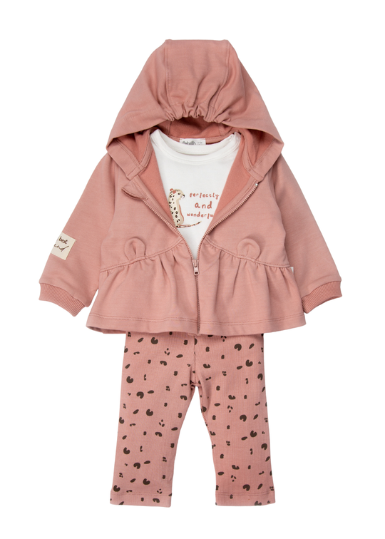 Set de 3 Piese Roz Pudra pentru Fetite, cu Cardigan cu Gluga si Volanase, Body cu Leopard si Colanti cu Pete K5572 – Bebetto