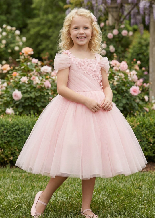 Rochie Ceremonie din Tull Roz Pudra cu Flori Aplicate pe Bust 36036PR Pamina